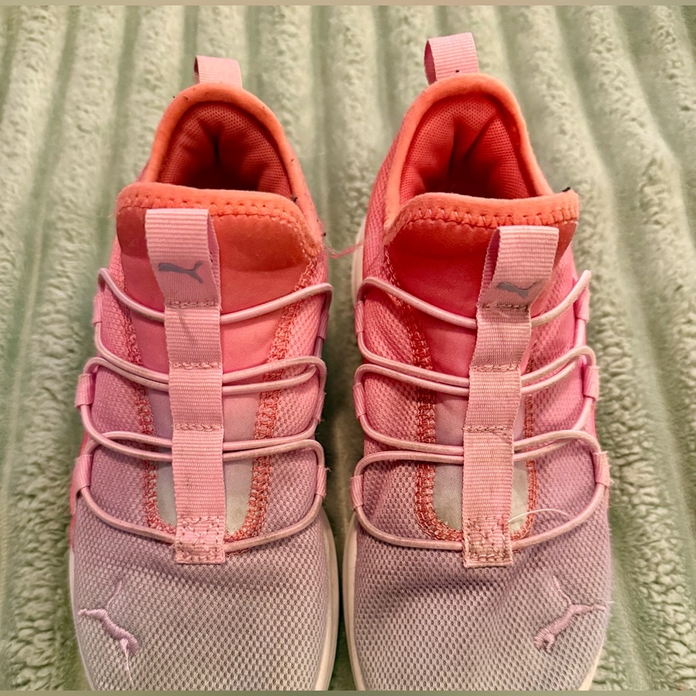 Girls Puma Pink and Peach Slip-On Sneakers with Elastic Straps